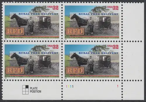 USA Michel 2754 / Scott 3090 postfrisch PLATEBLOCK ECKRAND unten rechts m/ Platten-# 1111-1 (a) - 100. Jahrestag der Abschaffung der Zusatzgebühr für Landpostzustellung: Landzusteller vor Postwagen (um 1900)