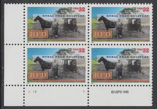 USA Michel 2754 / Scott 3090 postfrisch PLATEBLOCK ECKRAND unten links m/ Platten-# 1111-1 (a) - 100. Jahrestag der Abschaffung der Zusatzgebühr für Landpostzustellung: Landzusteller vor Postwagen (um 1900)