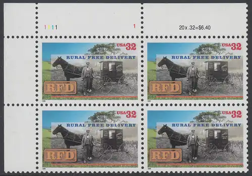 USA Michel 2754 / Scott 3090 postfrisch PLATEBLOCK ECKRAND oben links m/ Platten-# 1111-1 (a) - 100. Jahrestag der Abschaffung der Zusatzgebühr für Landpostzustellung: Landzusteller vor Postwagen (um 1900)
