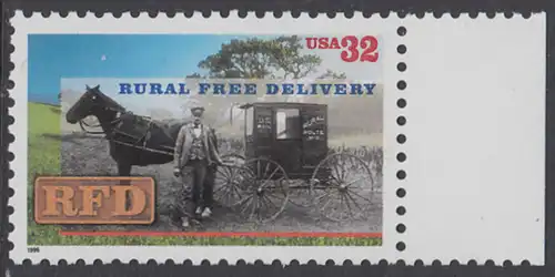 USA Michel 2754 / Scott 3090 postfrisch EINZELMARKE RAND rechts - 100. Jahrestag der Abschaffung der Zusatzgebühr für Landpostzustellung: Landzusteller vor Postwagen (um 1900)