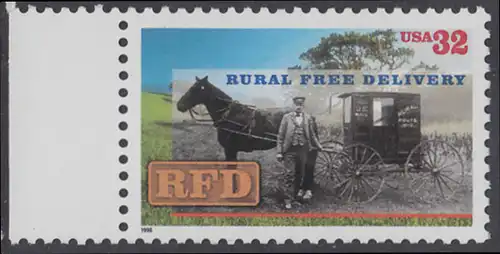 USA Michel 2754 / Scott 3090 postfrisch EINZELMARKE RAND links - 100. Jahrestag der Abschaffung der Zusatzgebühr für Landpostzustellung: Landzusteller vor Postwagen (um 1900)