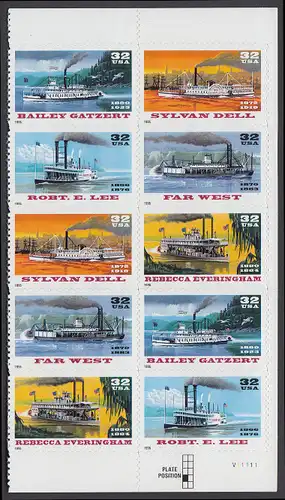 USA Michel 2755-2759 / Scott 3091-3095 postfrisch vert.PLATEBLOCK(10) ECKRAND unten rechts m/ Platten-# V11111 - Raddampfer
