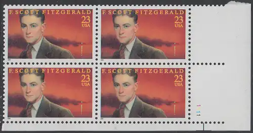 USA Michel 2768 / Scott 3104 postfrisch PLATEBLOCK ECKRAND unten rechts m/ Platten-# 1111 - 100. Geburtstag von Francis Scott Fitzgerald (1896-1940), Schriftsteller
