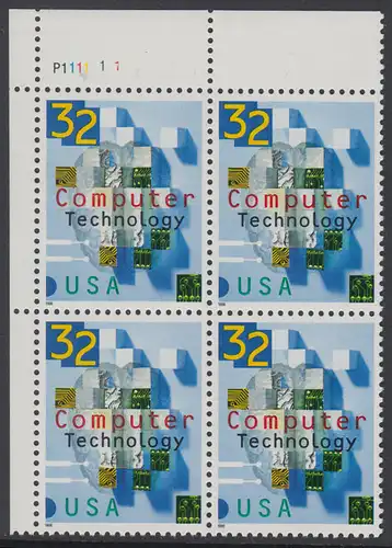 USA Michel 2784 / Scott 3106 postfrisch PLATEBLOCK ECKRAND pben links m/ Platten-# P111111 - 50 Jahre Computertechnologie in den USA: Teile von Schaltkreisen