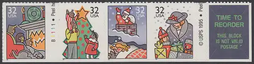 USA Michel 2789-2792 / Scott 3114-3116 postfrisch STRIP(4) m/ Platten-# & Labelfeld - Weihnachten