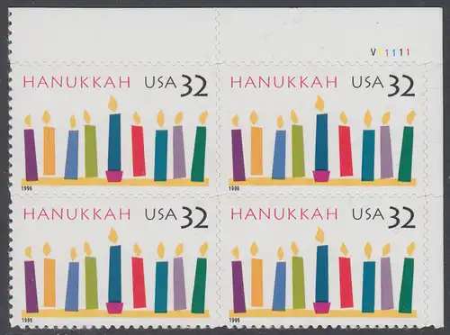 USA Michel 2794 / Scott 3118 postfrisch PLATEBLOCK ECKRAND oben rechts m/ Platten-# V11111 (b) - Hanukka; Kerzen
