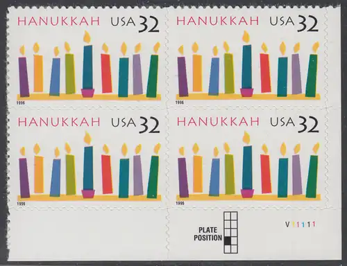 USA Michel 2794 / Scott 3118 postfrisch PLATEBLOCK ECKRAND unten rechts m/ Platten-# P111111 (a) - Hanukka; Kerzen
