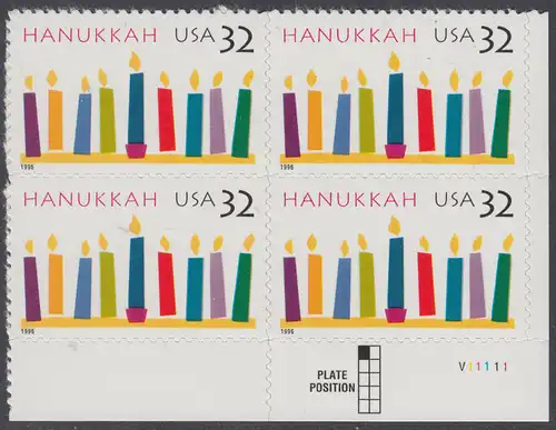 USA Michel 2794 / Scott 3118 postfrisch PLATEBLOCK ECKRAND unten rechts m/ Platten-# P111111 (c) - Hanukka; Kerzen
