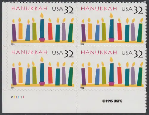 USA Michel 2794 / Scott 3118 postfrisch PLATEBLOCK ECKRAND unten links m/ Platten-# P111111 (a) - Hanukka; Kerzen
