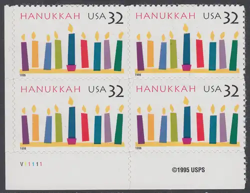 USA Michel 2794 / Scott 3118 postfrisch PLATEBLOCK ECKRAND unten links m/ Platten-# P111111 (c) - Hanukka; Kerzen
