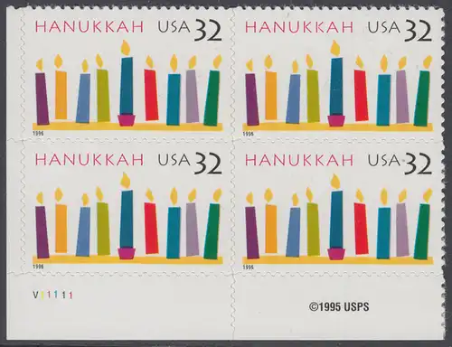 USA Michel 2794 / Scott 3118 postfrisch PLATEBLOCK ECKRAND unten links m/ Platten-# P111111 (b) - Hanukka; Kerzen
