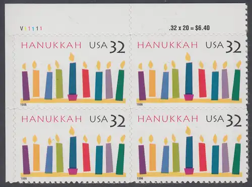USA Michel 2794 / Scott 3118 postfrisch PLATEBLOCK ECKRAND oben links m/ Platten-# P111111 (c) - Hanukka; Kerzen
