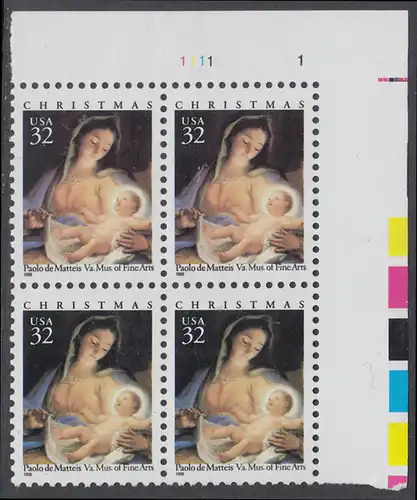 USA Michel 2798 / Scott 3107 postfrisch PLATEBLOCK ECKRAND oben rechts m/ Platten-# 1111-1 - Weihnachten: Maria mit Kind