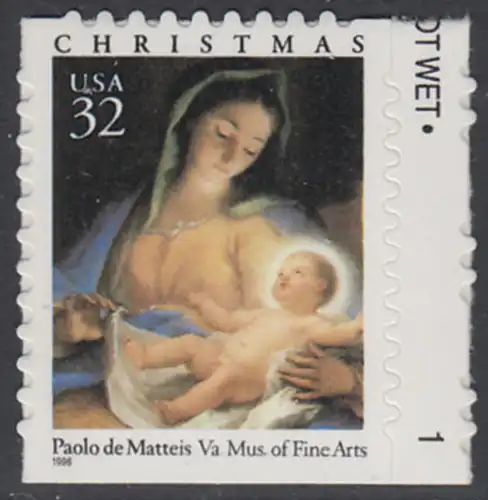 USA Michel 2799 / Scott 3112 postfrisch EINZELMARKE RAND rechts m/ Platten-# 1 - Weihnachten: Maria mit Kind