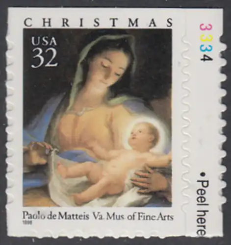 USA Michel 2799 / Scott 3112 postfrisch EINZELMARKE RAND rechts m/ Platten-# 3334 - Weihnachten: Maria mit Kind