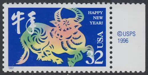 USA Michel 2800 / Scott 3120 postfrisch EINZELMARKE RAND rechts m/ copyright symbol - Chinesisches Neujahr: Jahr des Ochsen