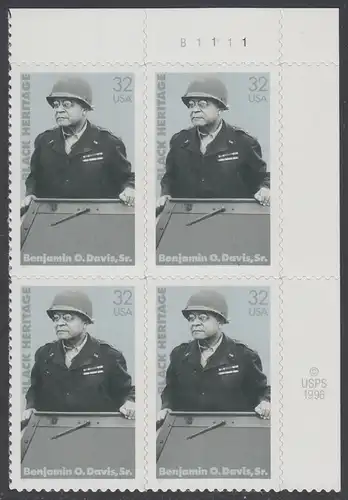 USA Michel 2801 / Scott 3121 postfrisch PLATEBLOCK ECKRAND oben rechts m/ Platten-# B1111 - Schwarzamerikanisches Erbe: Benjamin O. Davis, Sr., General