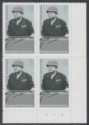 USA Michel 2801 / Scott 3121 postfrisch PLATEBLOCK ECKRAND unten rechts m/ Platten-# B1111 - Schwarzamerikanisches Erbe: Benjamin O. Davis, Sr., General
