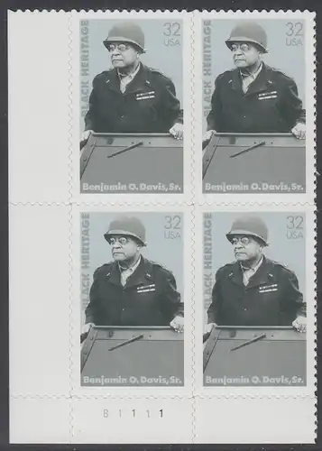 USA Michel 2801 / Scott 3121 postfrisch PLATEBLOCK ECKRAND unten links m/ Platten-# B1111 - Schwarzamerikanisches Erbe: Benjamin O. Davis, Sr., General