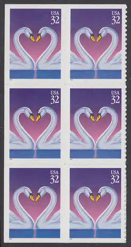 USA Michel 2803 / Scott 3123 postfrisch vert.BLOCK(6) (von Folioblatt) - Grußmarke, Schwanenpaar