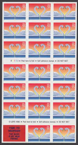 USA Michel 2804 / Scott 3124a postfrisch Folioblatt(20) - Grußmarke, Schwanenpaar