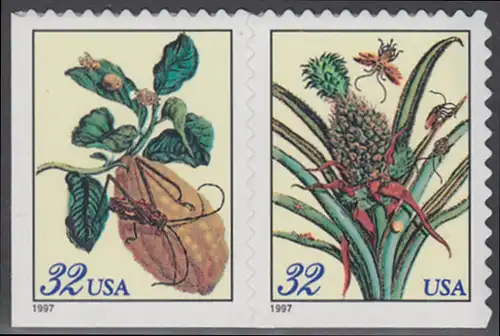 USA Michel 2806-2807 / Scott 3127 postfrisch horiz.PAAR (von Folienbogen) - Blumen: Zweig eines Zitronenbaums / Blühemde Ananas 