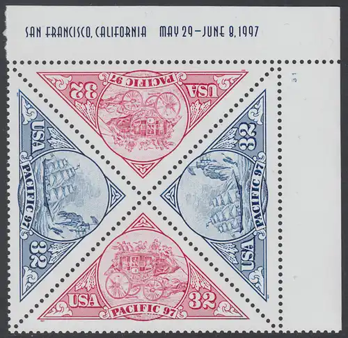 USA Michel 2810-2811 / Scott 3130-3131 postfrisch PLATEBLOCK ECKRAND oben rechts m/ Platten-# B1 - Internationale Briefmarkenausstellung PACIFIC ’97, San Francisco