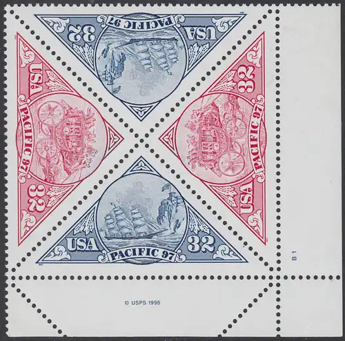 USA Michel 2810-2811 / Scott 3130-3131 postfrisch PLATEBLOCK ECKRAND unten rechts m/ Platten-# B1 (a) - Internationale Briefmarkenausstellung PACIFIC ’97, San Francisco