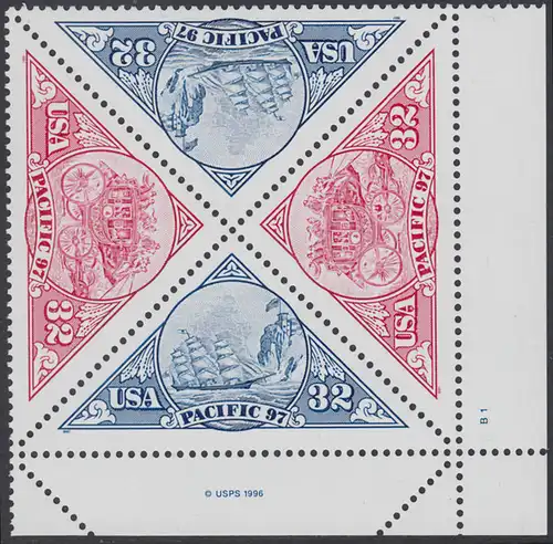 USA Michel 2810-2811 / Scott 3130-3131 postfrisch PLATEBLOCK ECKRAND unten rechts m/ Platten-# B1 (b) - Internationale Briefmarkenausstellung PACIFIC ’97, San Francisco