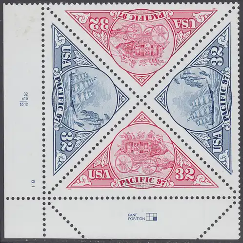 USA Michel 2810-2811 / Scott 3130-3131 postfrisch PLATEBLOCK ECKRAND unten links m/ Platten-# B1 (b) - Internationale Briefmarkenausstellung PACIFIC ’97, San Francisco