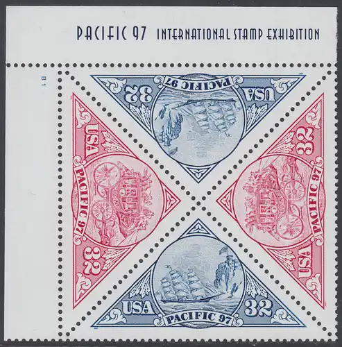 USA Michel 2810-2811 / Scott 3130-3131 postfrisch PLATEBLOCK ECKRAND oben links m/ Platten-# B1 - Internationale Briefmarkenausstellung PACIFIC ’97, San Francisco
