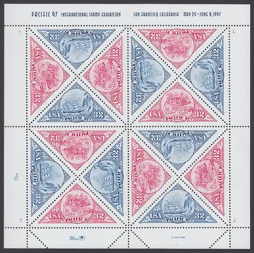 USA Michel 2810-2811 / Scott 3130-3131 postfrisch BOGEN(16) - Internationale Briefmarkenausstellung PACIFIC ’97, San Francisco