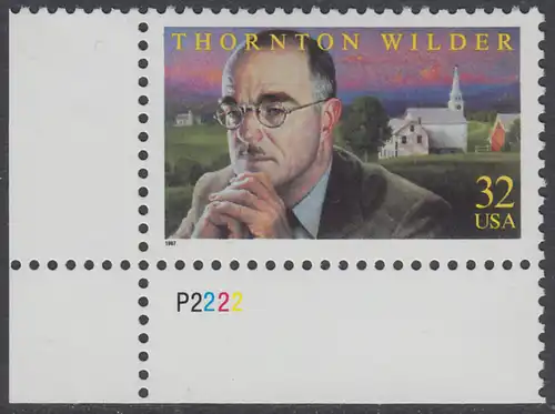 USA Michel 2812 / Scott 3134 postfrisch EINZELMARKE ECKRAND unten links m/ Platten-# P2222 - Thornton N. Wilder, Schriftsteller