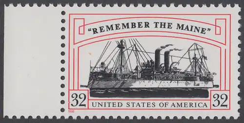 USA Michel 2937 / Scott 3192 postfrisch EINZELMARKE RAND links - 100. Jahrestag des Beginns des Spanisch-amerikanischen Krieges: Versenkung der USS Maine