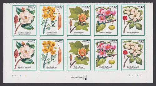 USA Michel 2938-2942 / Scott 3193-3197 postfrisch horiz.PLATEBLOCK(10) ECKRÄNDER unten links/rechts m/ Platten-# B11111 - Blüten von Bäumen