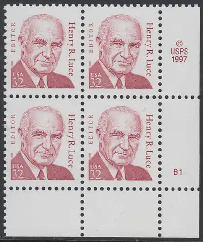 USA Michel 2948 / Scott 2935 postfrisch PLATEBLOCK  ECKRAND unten rechts m/ Platten-# B1 - Amerikanische Persönlichkeiten: Henry R. Luce (1898-1967), Verleger