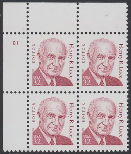 USA Michel 2948 / Scott 2935 postfrisch PLATEBLOCK  ECKRAND oben links m/ Platten-# B1 - Amerikanische Persönlichkeiten: Henry R. Luce (1898-1967), Verleger