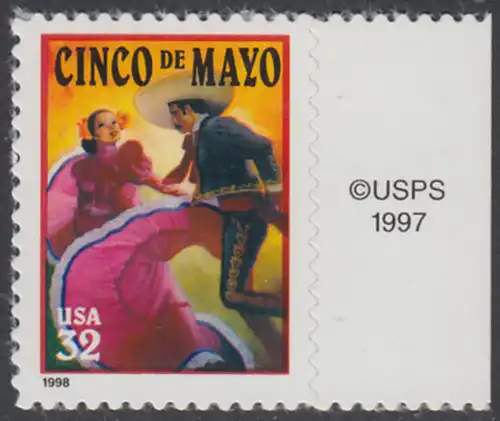 USA Michel 2949 / Scott 3203 postfrisch EINZELMARKE RAND rechts m/ copyright symbol - Lateinamerikanisches Cinco-de-Mayo-Fest; Tanzpaar in mexikanischer Tracht