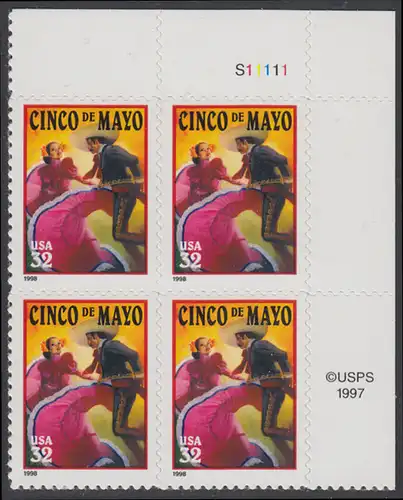 USA Michel 2949 / Scott 3203 postfrisch PLATEBLOCK ECKRAND oben rechts m/ Platten-# S11111 (b) - Lateinamerikanisches Cinco-de-Mayo-Fest; Tanzpaar in mexikanischer Tracht