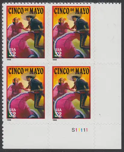 USA Michel 2949 / Scott 3203 postfrisch PLATEBLOCK ECKRAND unten rechts m/ Platten-# S11111 (b) - Lateinamerikanisches Cinco-de-Mayo-Fest; Tanzpaar in mexikanischer Tracht