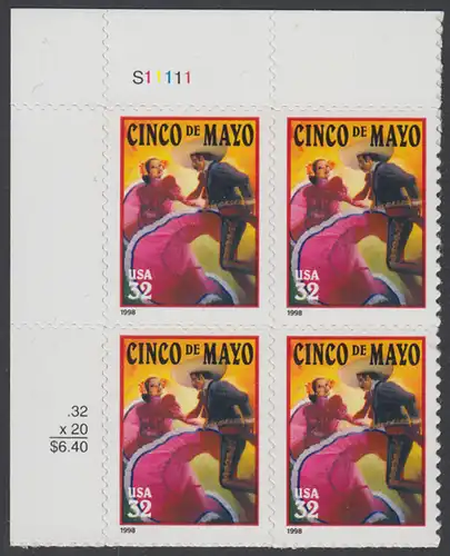 USA Michel 2949 / Scott 3203 postfrisch PLATEBLOCK ECKRAND oben links m/ Platten-# S11111 (a) - Lateinamerikanisches Cinco-de-Mayo-Fest; Tanzpaar in mexikanischer Tracht