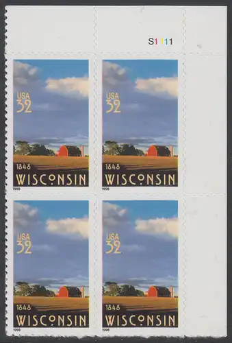 USA Michel 2966 / Scott 3206 postfrisch PLATEBLOCK ECKRAND oben rechts m/ Platten-# S1111 - 150 Jahre Staat Wisconsin; Farmlandschaft