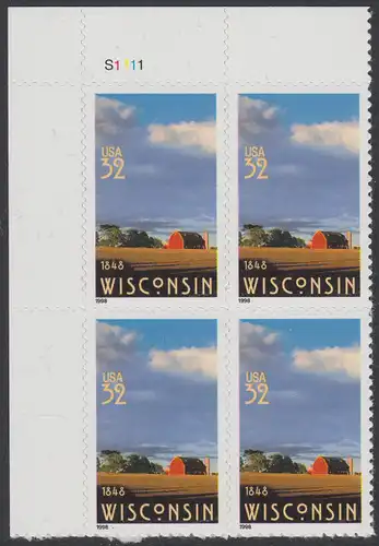 USA Michel 2966 / Scott 3206 postfrisch PLATEBLOCK ECKRAND oben links m/ Platten-# S1111 - 150 Jahre Staat Wisconsin; Farmlandschaft