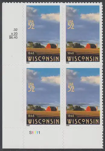 USA Michel 2966 / Scott 3206 postfrisch PLATEBLOCK ECKRAND unten links m/ Platten-# S1111 - 150 Jahre Staat Wisconsin; Farmlandschaft
