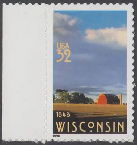 USA Michel 2966 / Scott 3206 postfrisch EINZELMARKE RAND links - 150 Jahre Staat Wisconsin; Farmlandschaft