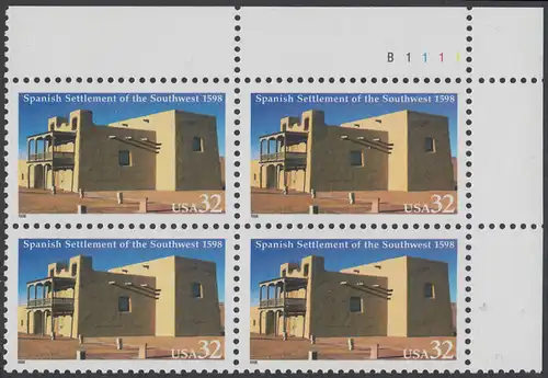USA Michel 2983 / Scott 3220 postfrisch PLATEBLOCK ECKRAND oben rechts m/ Platten-# B1111 (a) - 400 Jahre spanische Besiedlung im Südwesten der USA; La Mision de San Gabriel in Española, New Mexico