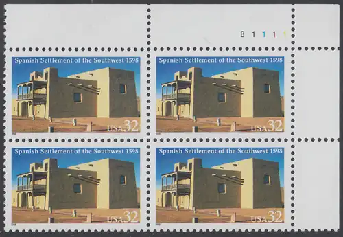 USA Michel 2983 / Scott 3220 postfrisch PLATEBLOCK ECKRAND oben rechts m/ Platten-# B1111 (b) - 400 Jahre spanische Besiedlung im Südwesten der USA; La Mision de San Gabriel in Española, New Mexico