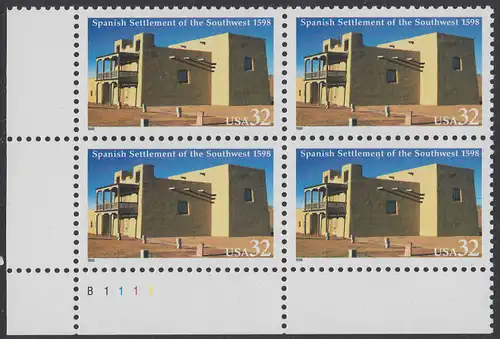 USA Michel 2983 / Scott 3220 postfrisch PLATEBLOCK ECKRAND unten links m/ Platten-# B1111 (a) - 400 Jahre spanische Besiedlung im Südwesten der USA; La Mision de San Gabriel in Española, New Mexico