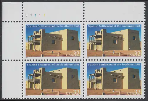 USA Michel 2983 / Scott 3220 postfrisch PLATEBLOCK ECKRAND oben links m/ Platten-# B1111 (b) - 400 Jahre spanische Besiedlung im Südwesten der USA; La Mision de San Gabriel in Española, New Mexico