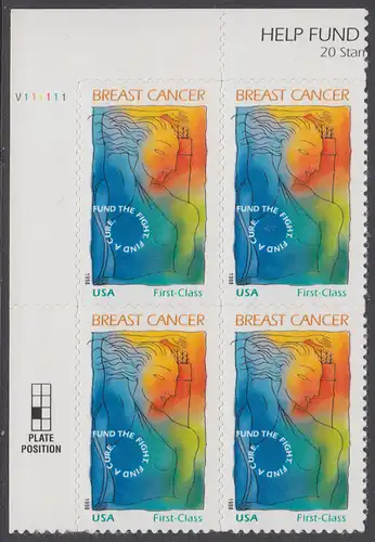 USA Michel 2990 / Scott B1 postfrisch PLATEBLOCK ECKRAND oben links - Unterstützung im Kampf gegen Brustkrebs: Göttin Diana zieht Pfeil aus ihrem Köcher 